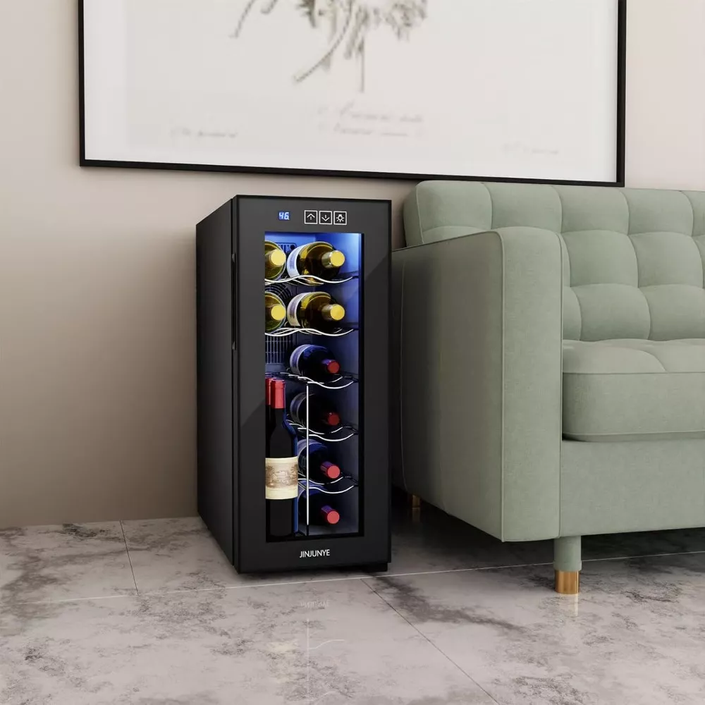 12-Bottle Wine Cooler, Freestanding Wine Fridge with Digital Temperature Control, Adjustable LED Light