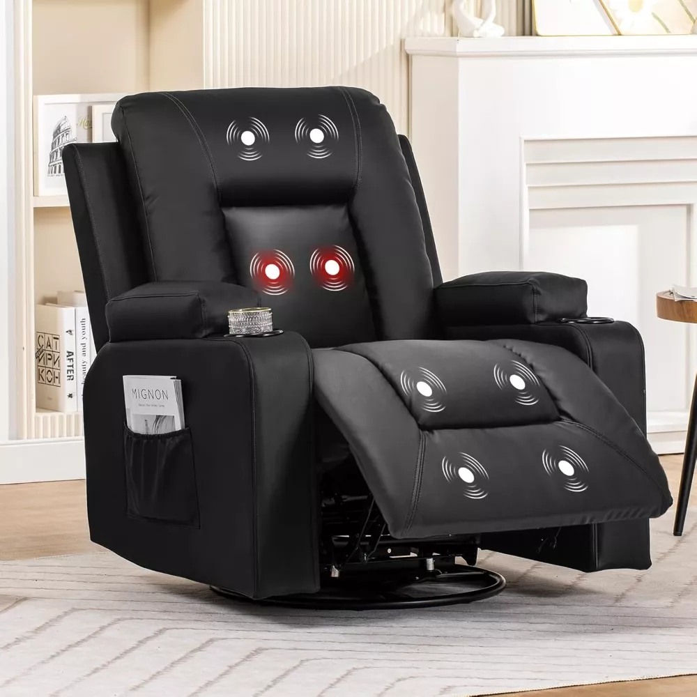 Massage Swivel Recliner Chair with Heat, Cup Holders & Side Storage