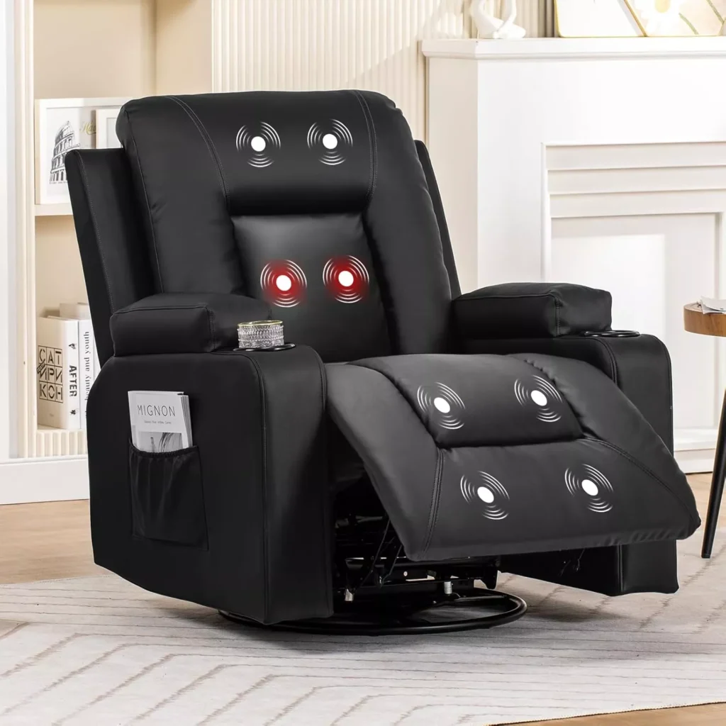 Massage Swivel Recliner Chair with Heat, Cup Holders & Side Storage