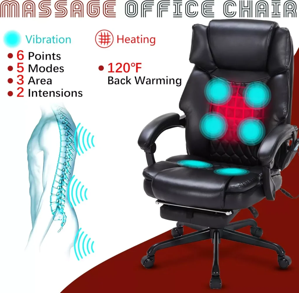 Massage Office Chair with Foot Rest, 6-Point Vibration & Heat – Reclining Home Desk Chair for Heavy People