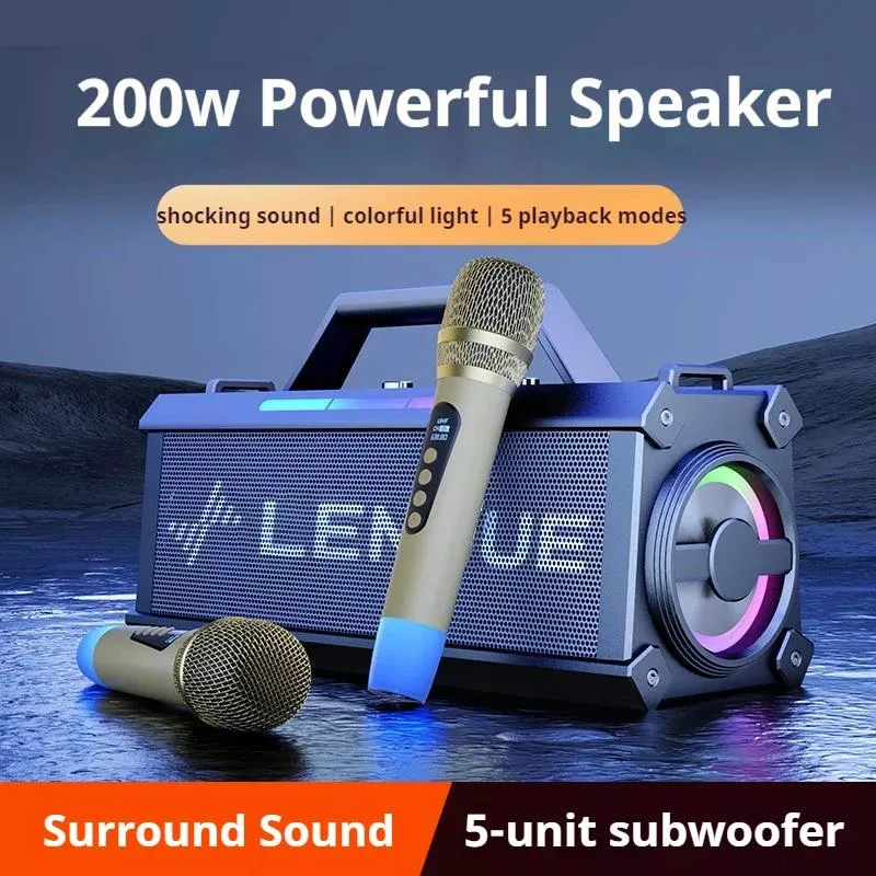 200W Bluetooth Speaker with Shock Bass, Colorful Lights & Dual Mics