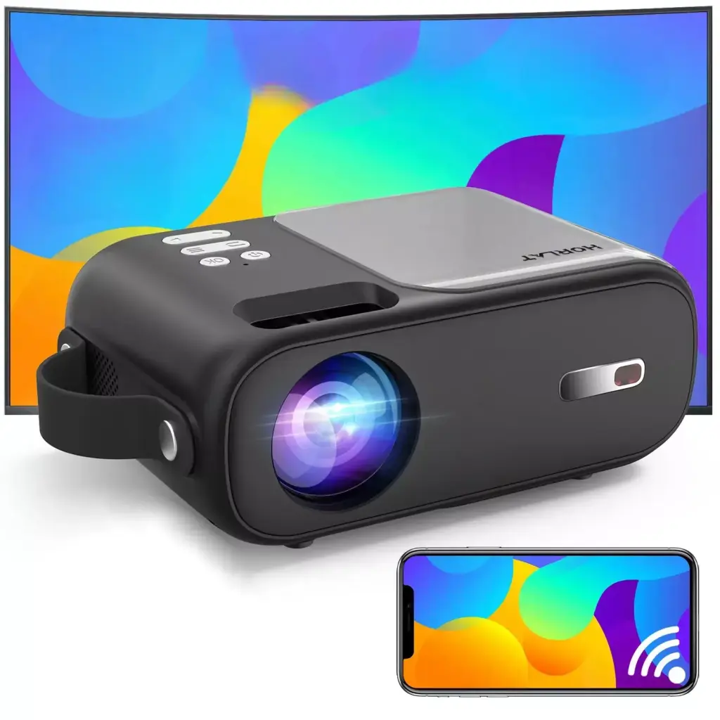 Mini HD Projector with Android TV, 9800 Lumens, 5G WiFi, Bluetooth, 200″ Display
