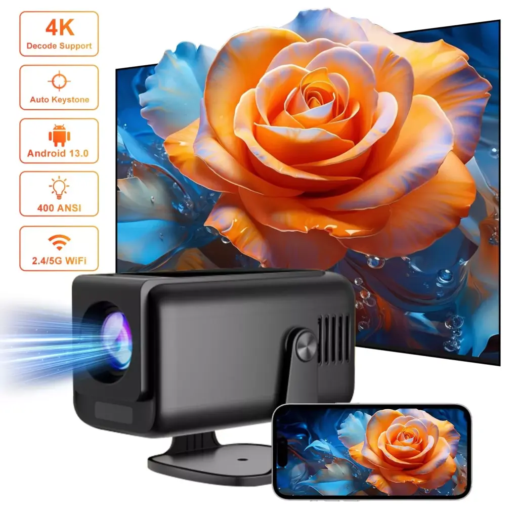 4K Smart Android Projector with Auto Correction, 5G WiFi, and Bluetooth