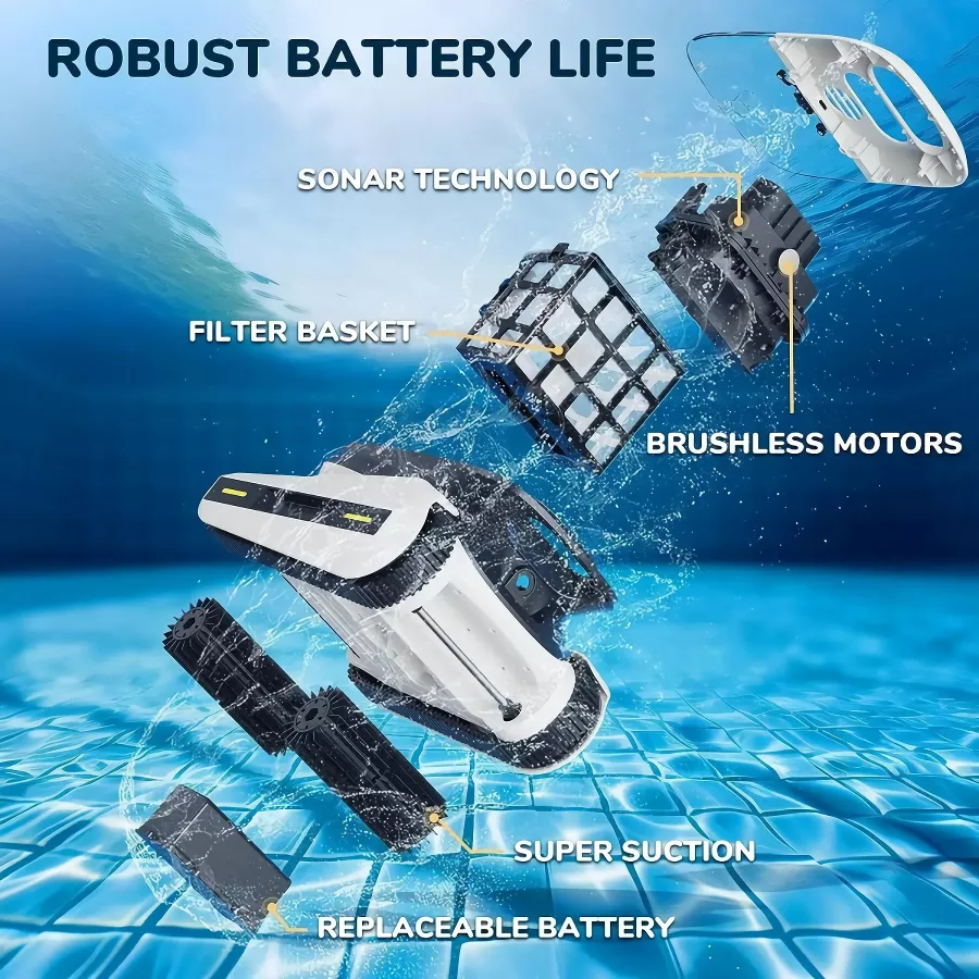 Intelligent Robotic Pool Vacuum Cordless, Long-lasting, with Sonar Path Planning